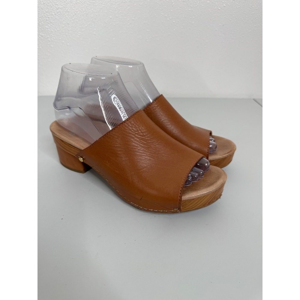 Dansko Women Tan Leather Peep Toe Slide Clog Sandals Platform Block Heel Size 37